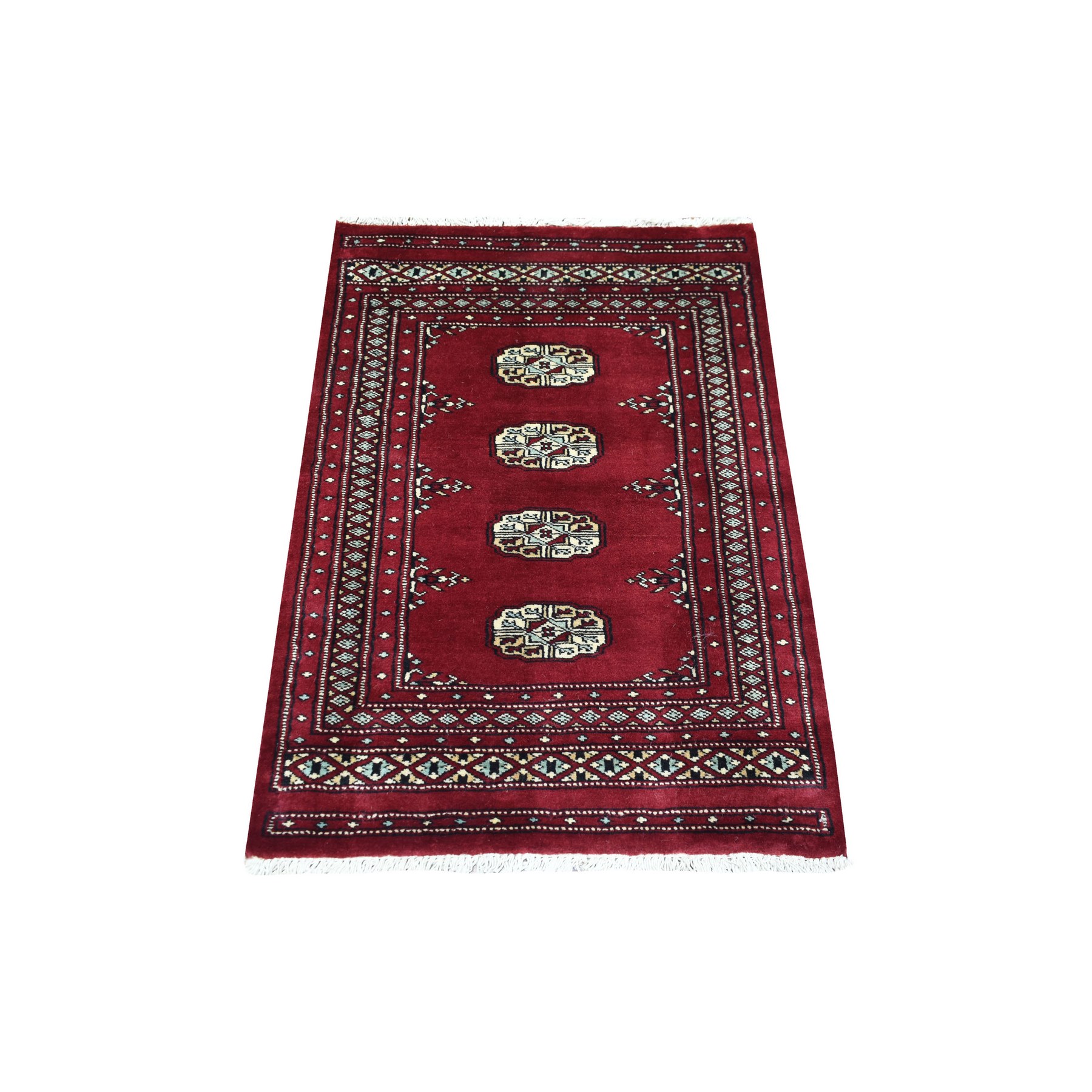 2'7"x3'9" Extra Soft Wool Hand Knotted Mori Bokara with Tribal Medallions Design Deep and Rich Red Oriental Rug 
